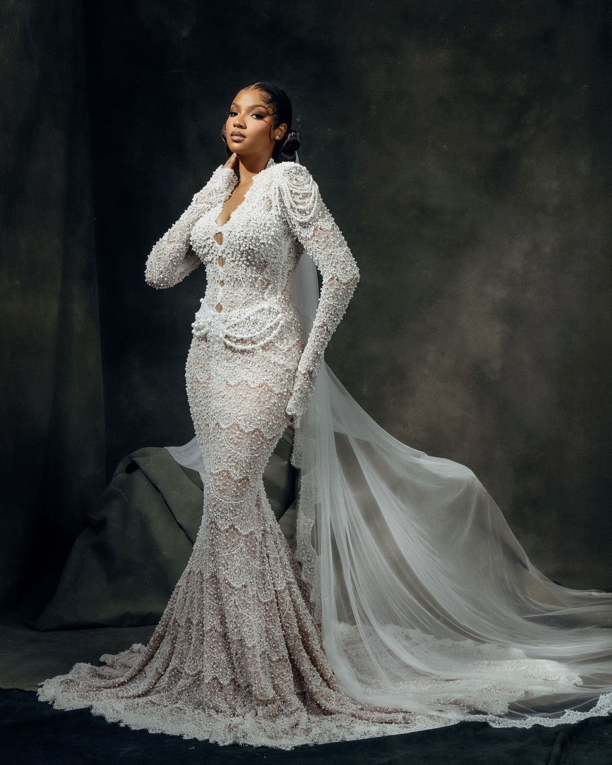 Nyame custom long-sleeve beaded mermaid wedding dress in white, view 2