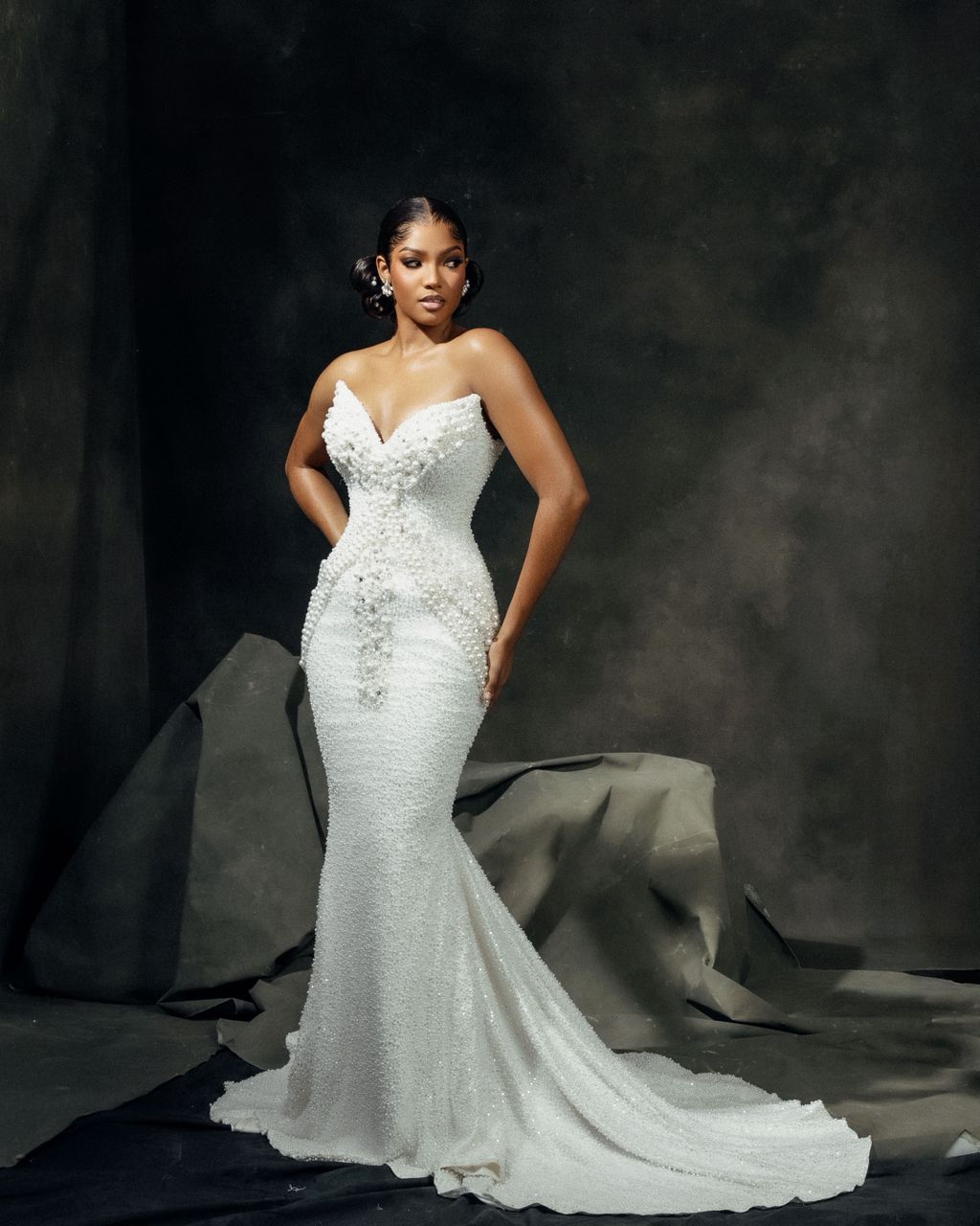 Sena custom white mermaid wedding dress with sweetheart neckline and pearl embellishments by House of Kenneth Tetteh