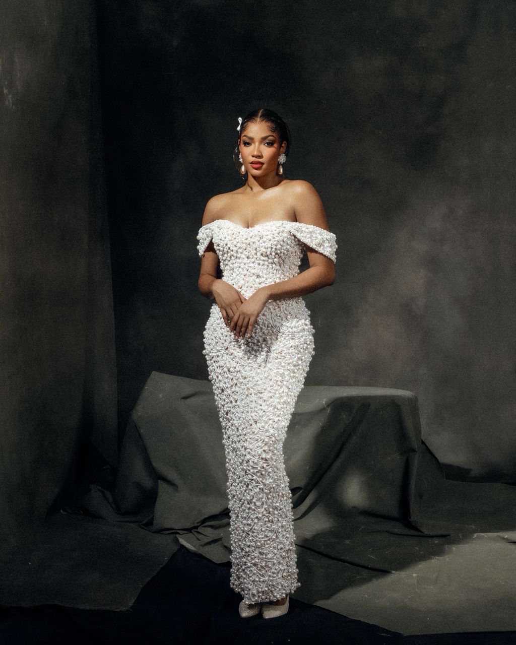 Yayra custom off-shoulder white wedding dress with pearl and bead embellishments, view 3